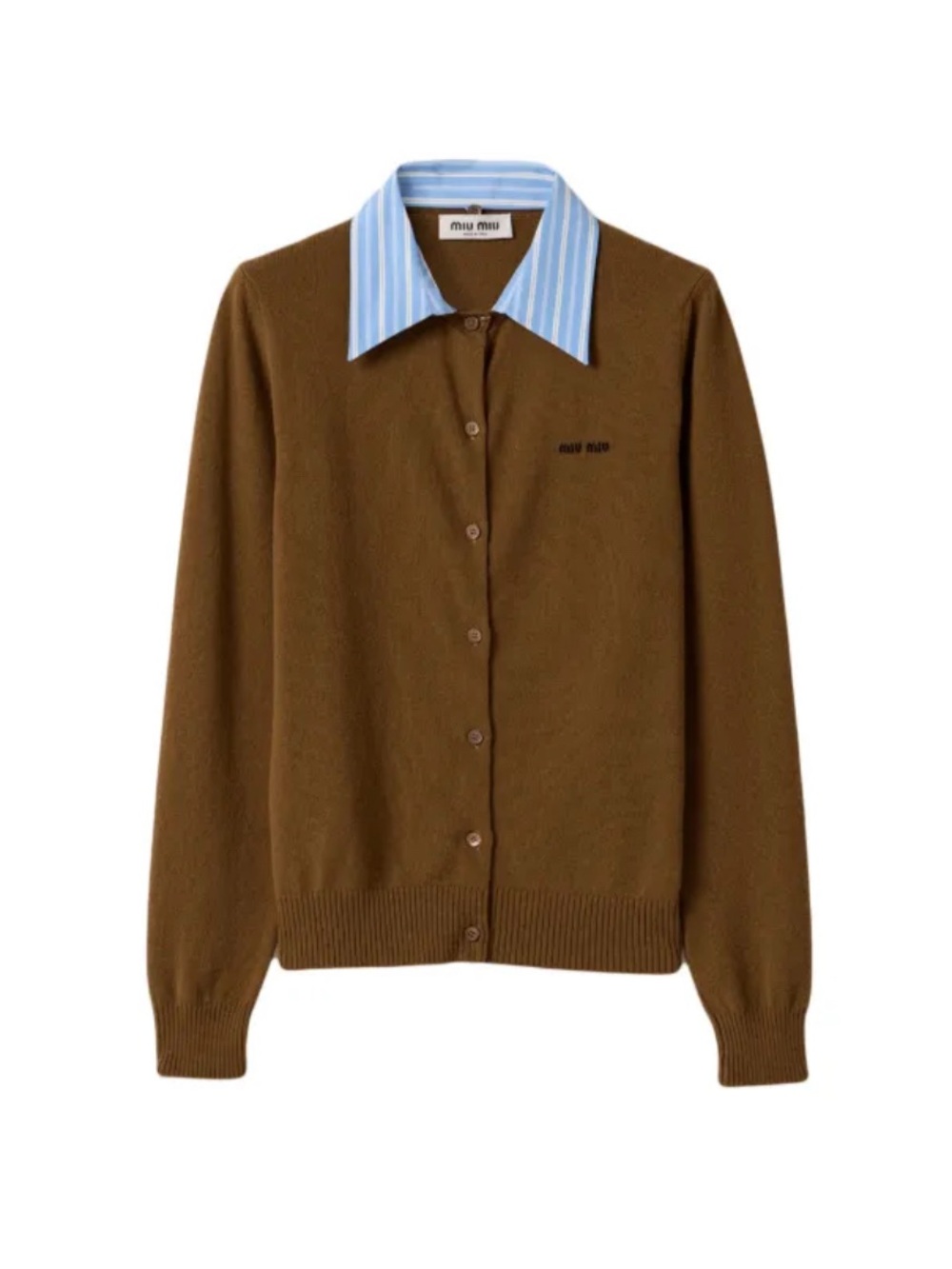 Miu Miu Brown Button-Down Cashmere Cardigan with Blue Striped Collar